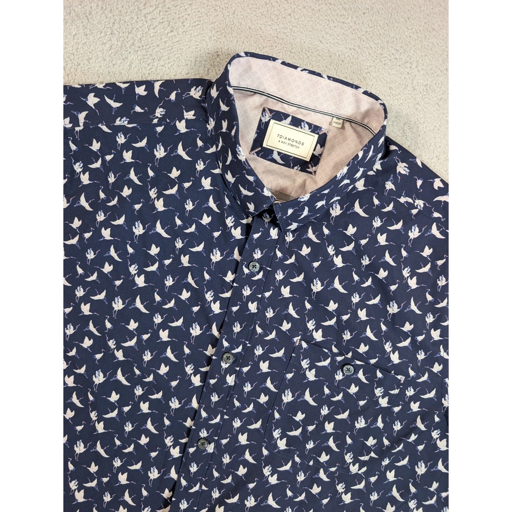 7 Diamonds New Horizons Navy Blue Crane Bird Print 4 Way Stretch Shirt Mens XXL